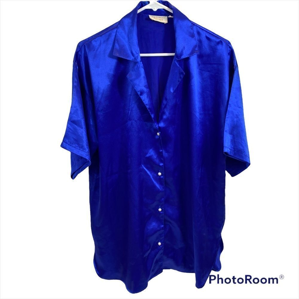 Vintage Gold Label Victoria’s Secret Royal Blue Satin Sleep Shirt Size Small